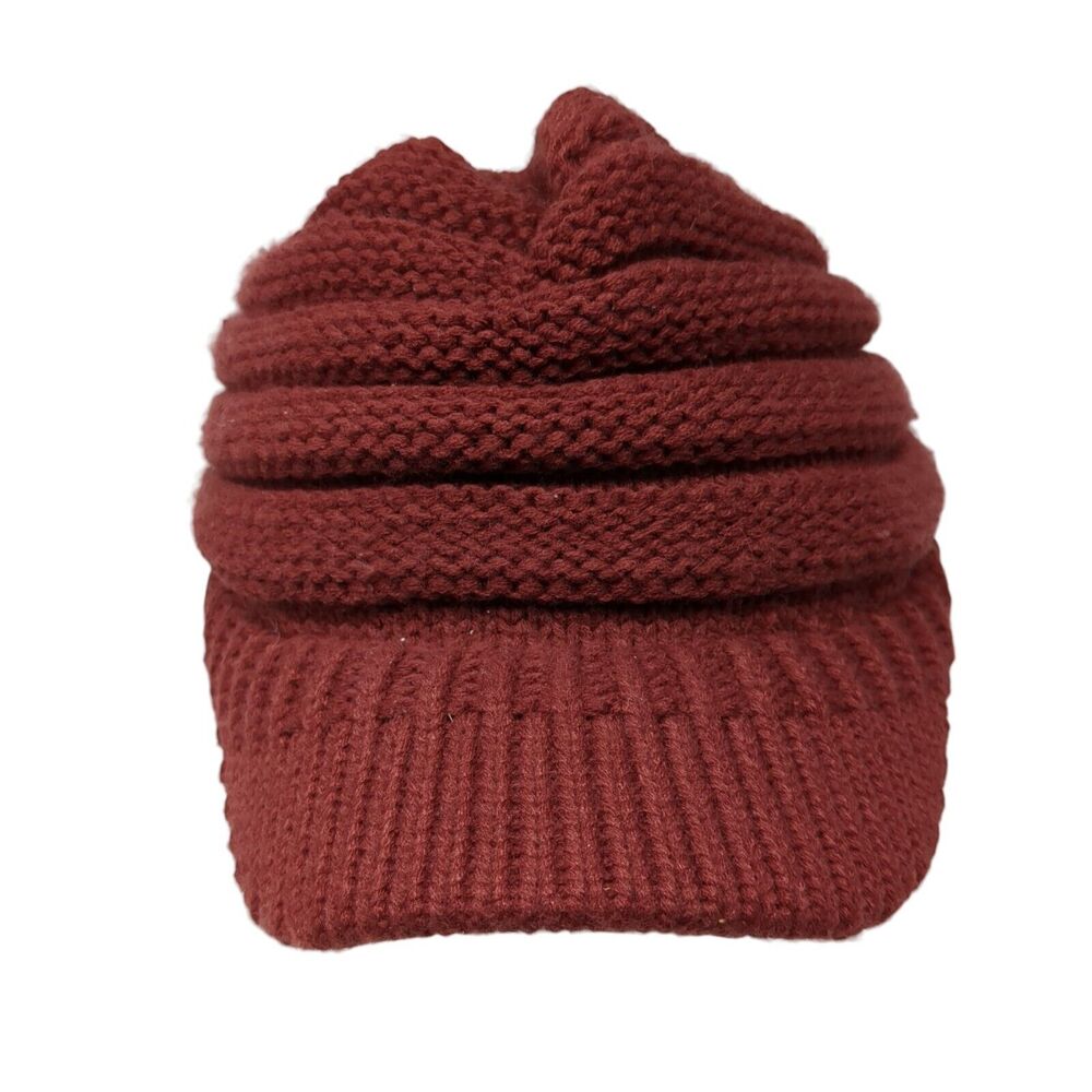 C.C Exclusives Fitted Knit Beanie Red OSFA Bun Ponytail Solid Blank